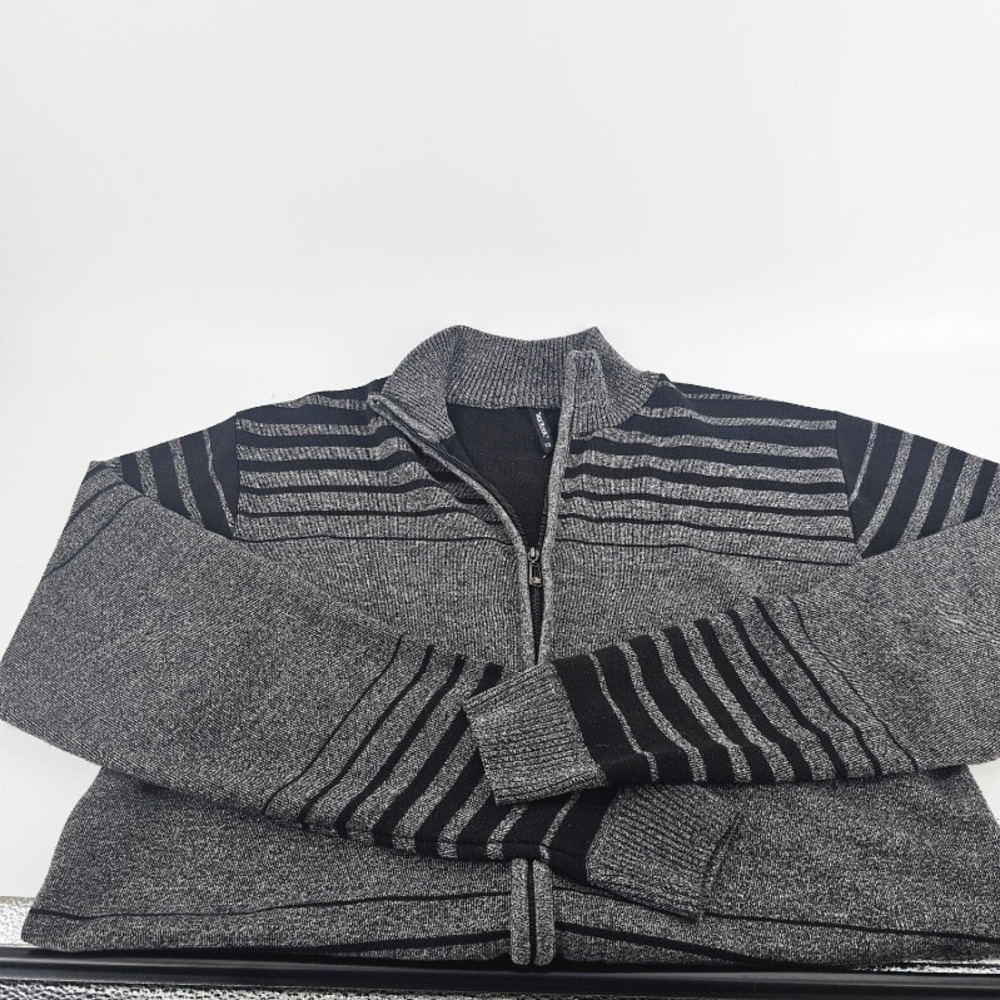 True Rock Full Zip Sweater Mens XXL Gray Black Excellent Striped Mock Neck Knit